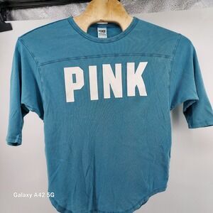 Victorias Secret PINK Varsity Logo T-Shirt Teal Blue 3/4 Sleeve XS